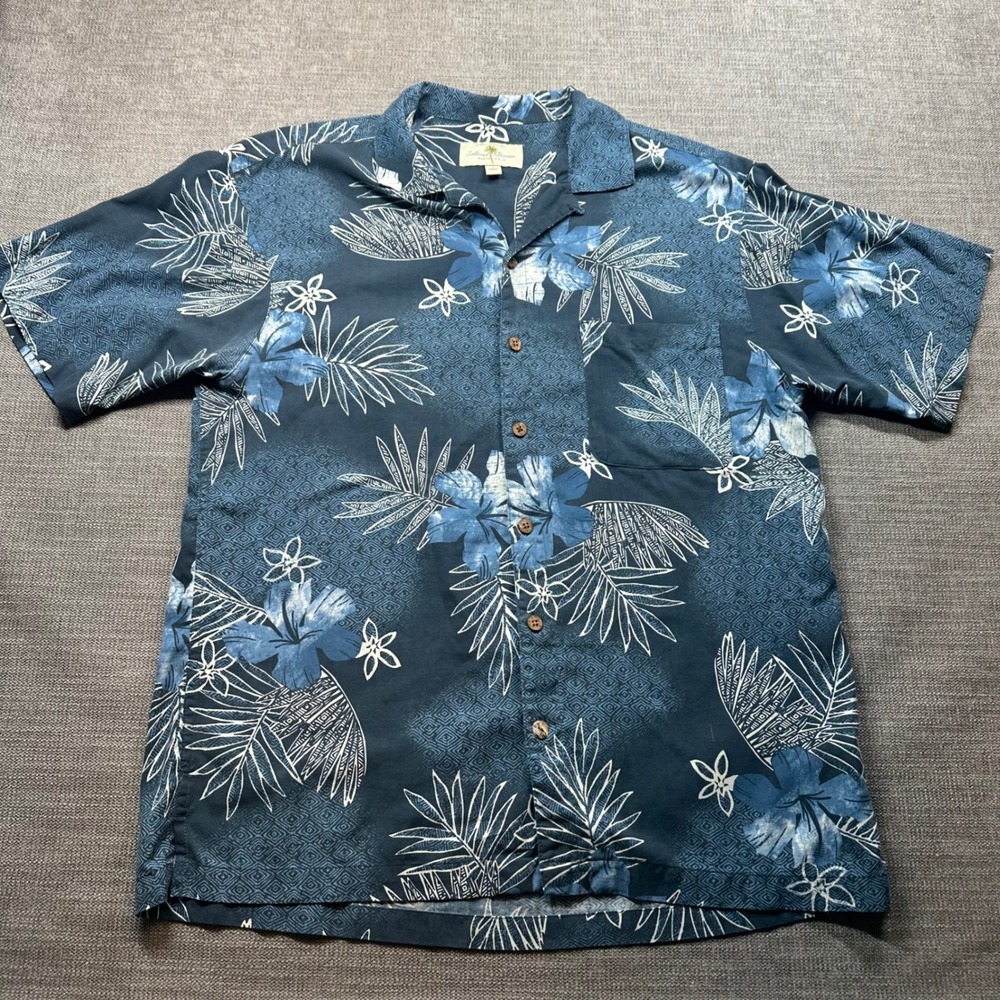 Island‎ Shores Shirt Mens Large Blue Silk Hibiscus Floral Aloha Camp